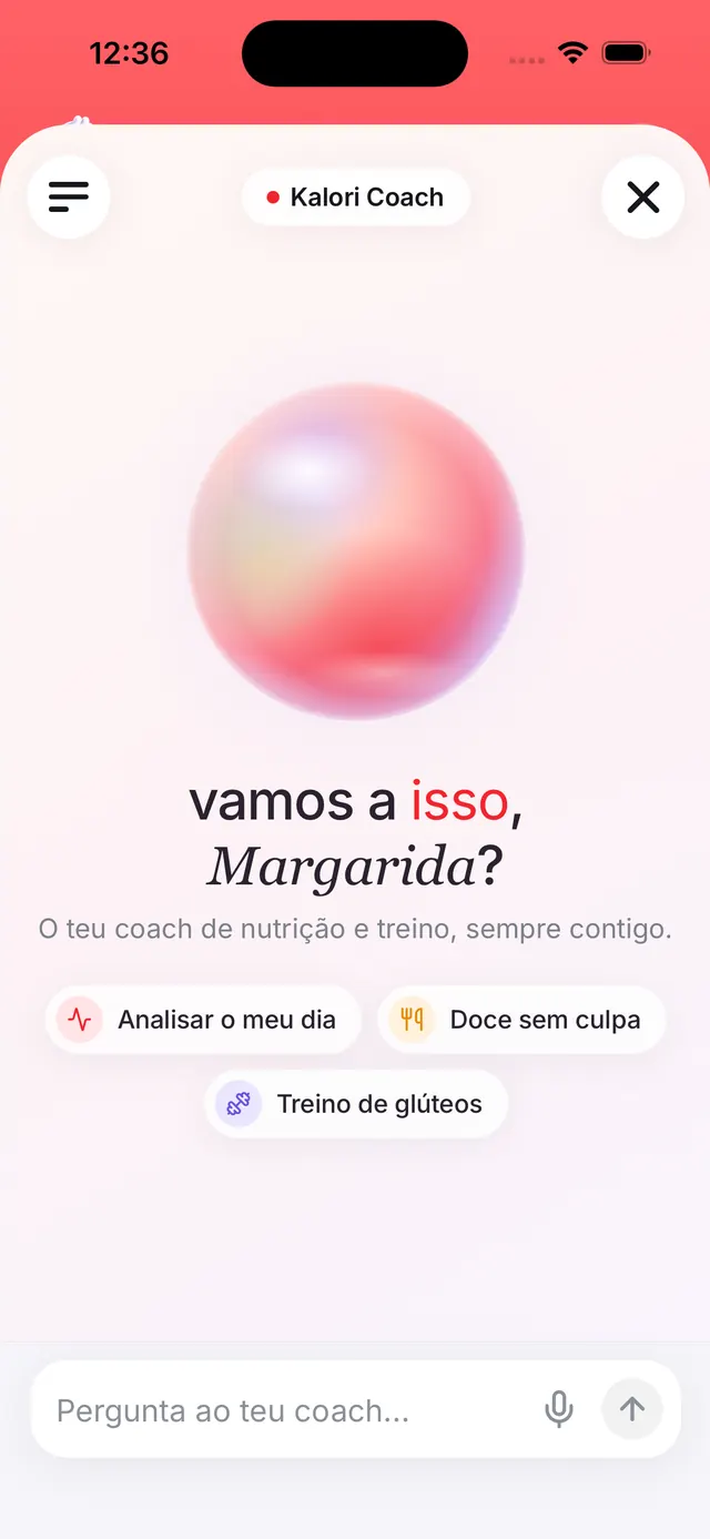 Coach com IA da Kalori, pronto a analisar o dia ou sugerir um doce sem culpa
