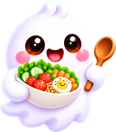O fantasma da Kalori com uma taça de salada