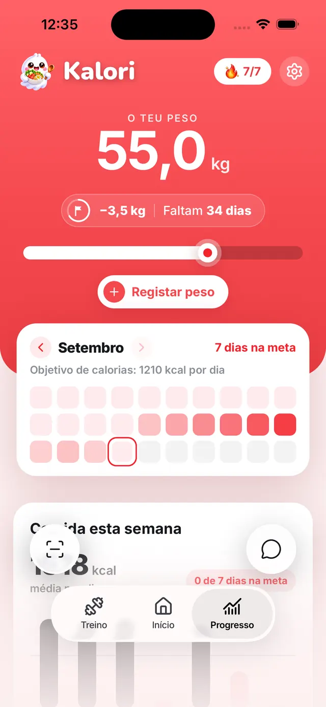 Progresso na Kalori: peso atual, quilos perdidos e dias na meta de calorias do mês